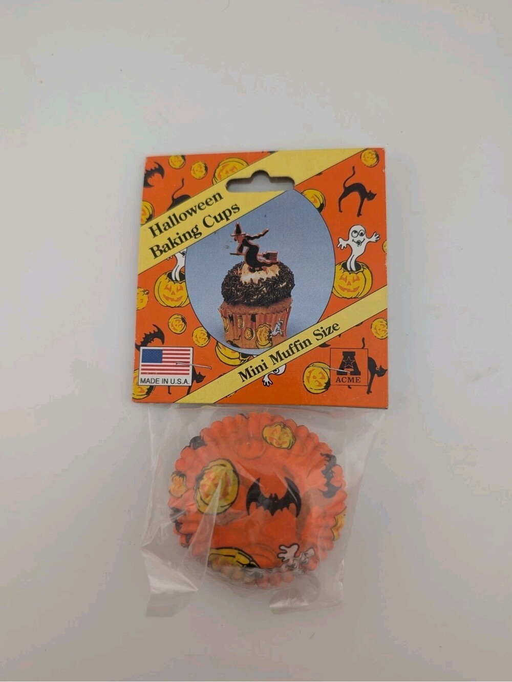 Vintage Acme 75 Halloween Baking Cups Mini Muffin Size Orange Pumpkin Ghost Bats